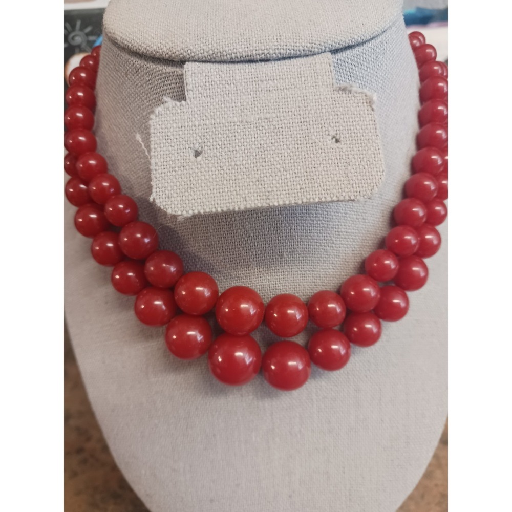 Vintage Bakelite Red Orange Strand Graduated Bead Necklace Round Clasp 16 Inch - Picture 6 of 13